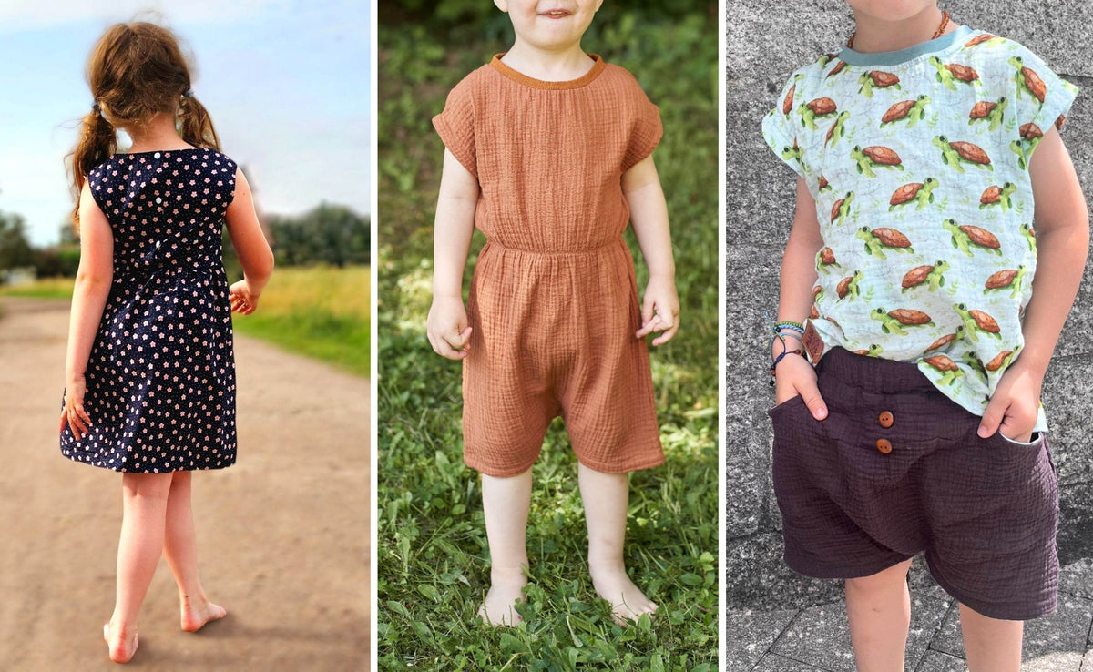 Selbst genähte Kindermode für Frühling und Sommer – moderne Shirt-Schnittmuster mit Tierprint, Jumper aus Musselin und Sommerkleid. Bequeme DIY-Mode für Babys und Kinder mit vielseitigen Nähideen von Sewando-Designerinnen.