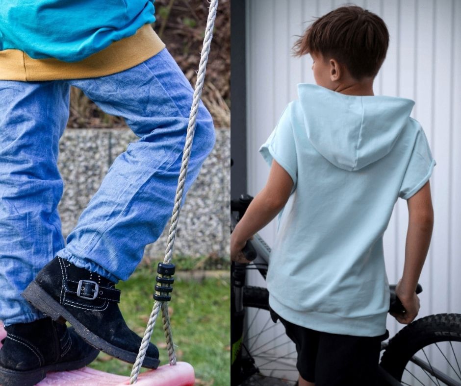 Moderne Schnittmuster für Kinderkleidung: Motorradzubehör, bequeme Kinderhose und sommerliches Kapuzenshirt für Jungen und Mädchen zum Selbernähen.