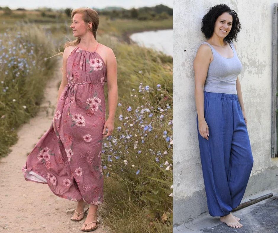 Collage mit drei selbst genähten Damenmodellen von Frau Elster auf Sewando: eine luftige blaue Sommerhose FRANCA, ein gemustertes Maxikleid und das florale Neckholderkleid KATARINA. Die Schnittmuster sind diese Woche mit 50 % Rabatt erhältlich.