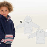 Schnittmuster Hoodie FLY: Kind in Hoodie mit Kapuze, zeigt Schnittmusteroptionen A und B. Digitales PDF-Schnittmuster.