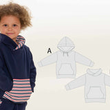 Schnittmuster Hoodie FLY: Kind in Hoodie mit Kapuze, zeigt Schnittmusteroptionen A und B. Digitales PDF-Schnittmuster.