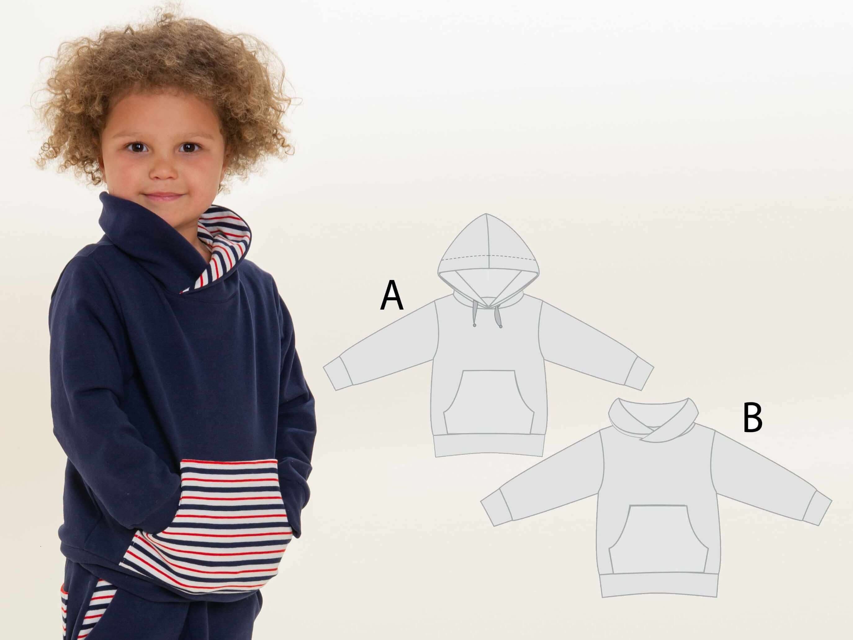 Schnittmuster Hoodie FLY: Kind in Hoodie mit Kapuze, zeigt Schnittmusteroptionen A und B. Digitales PDF-Schnittmuster.