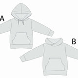 Schnittmuster Hoodie FLY PDF 2-in-1 Kapuze Schalkragen Varianten A und B in grauem Design.