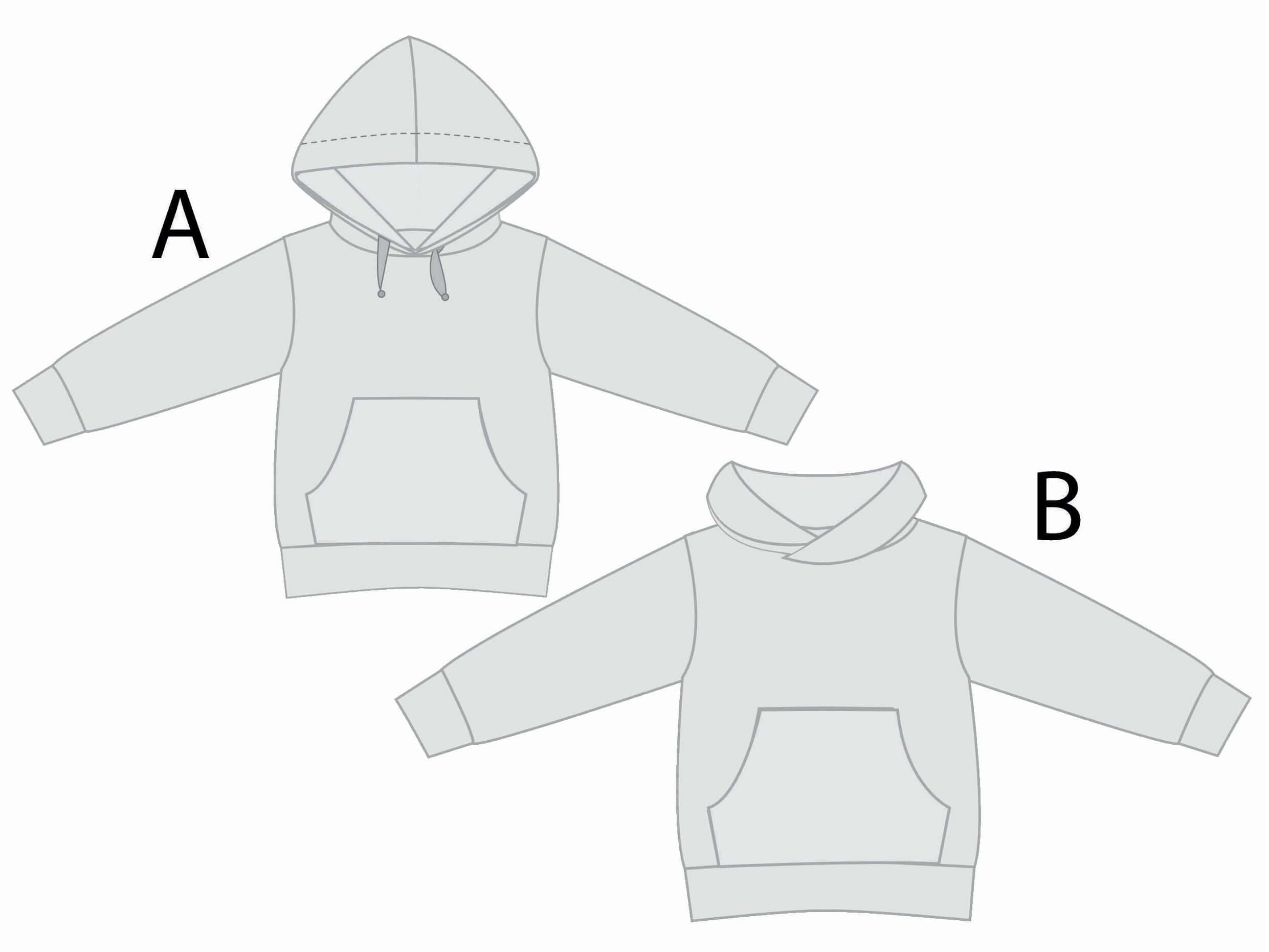 Schnittmuster Hoodie FLY PDF 2-in-1 Kapuze Schalkragen Varianten A und B in grauem Design.