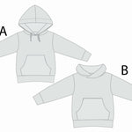 Schnittmuster Hoodie FLY PDF 2-in-1 Kapuze Schalkragen Varianten A und B in grauem Design.