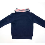 Rückansicht eines navyblauen Hoodies mit gestreiftem Schalkragen - Schnittmuster Hoodie FLY 2-in-1.