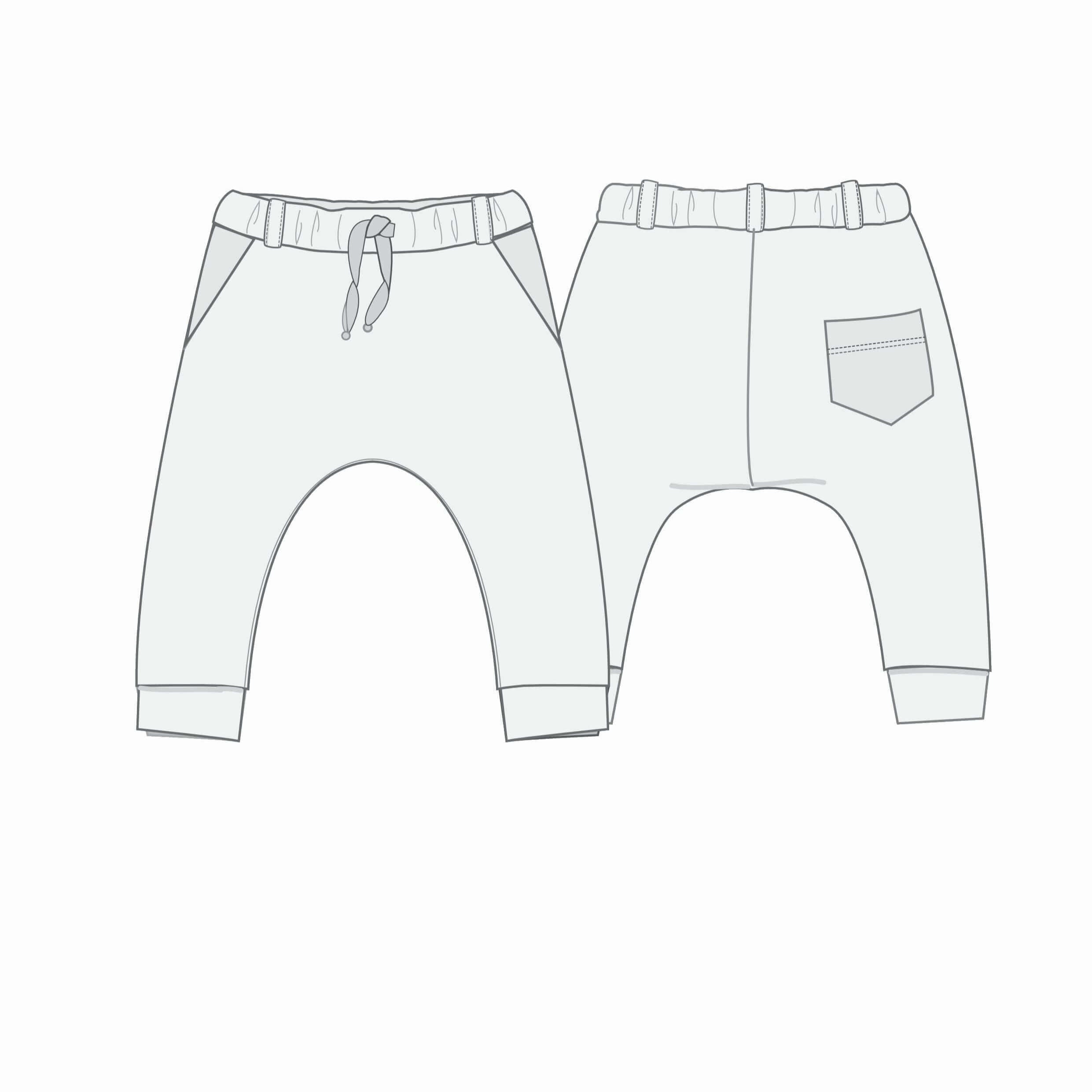 Schnittmuster Haremshose DADO PDF, leichtes Design der Haremshose für Kinder, bequemer Schnitt mit Taschen.