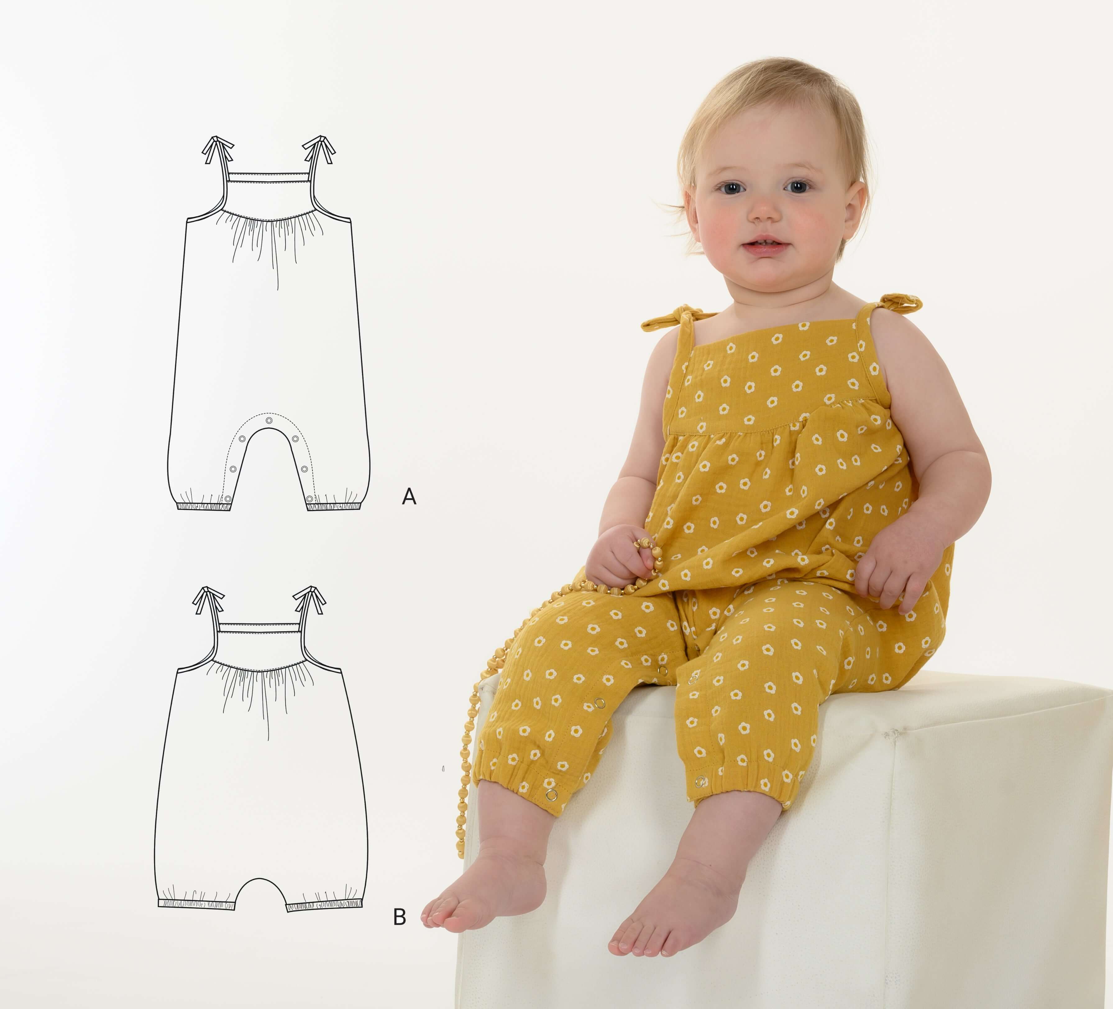 Schnittmuster Baby Overall Jumpsuit NELE – Kleinkind Sommer-Overall, gelber Overall mit Trägern für Babys.