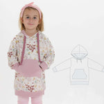 Schnittmuster Tunika für Kinder, Hoodie ARWEN, stilvoll und bequem, PDF zum Nähen, floral gemusterte Tunika mit Kapuze.