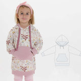 Schnittmuster Tunika für Kinder, Hoodie ARWEN, stilvoll und bequem, PDF zum Nähen, floral gemusterte Tunika mit Kapuze.