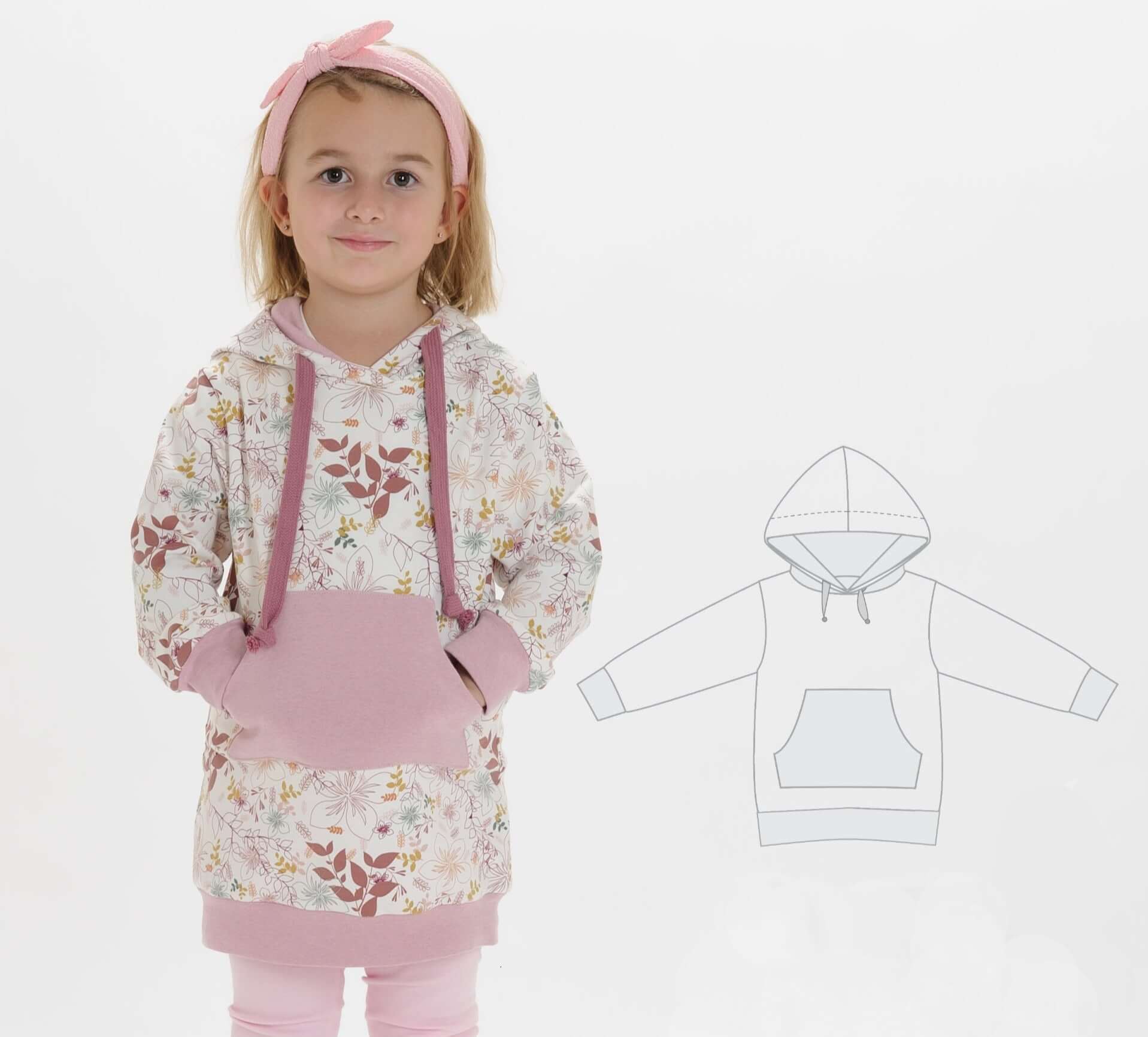 Schnittmuster Tunika für Kinder, Hoodie ARWEN, stilvoll und bequem, PDF zum Nähen, floral gemusterte Tunika mit Kapuze.