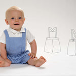 Schnittmuster Latzhose MAX PDF - Baby in blauer Latzhose mit Schnittmusterzeichnungen im Hintergrund.