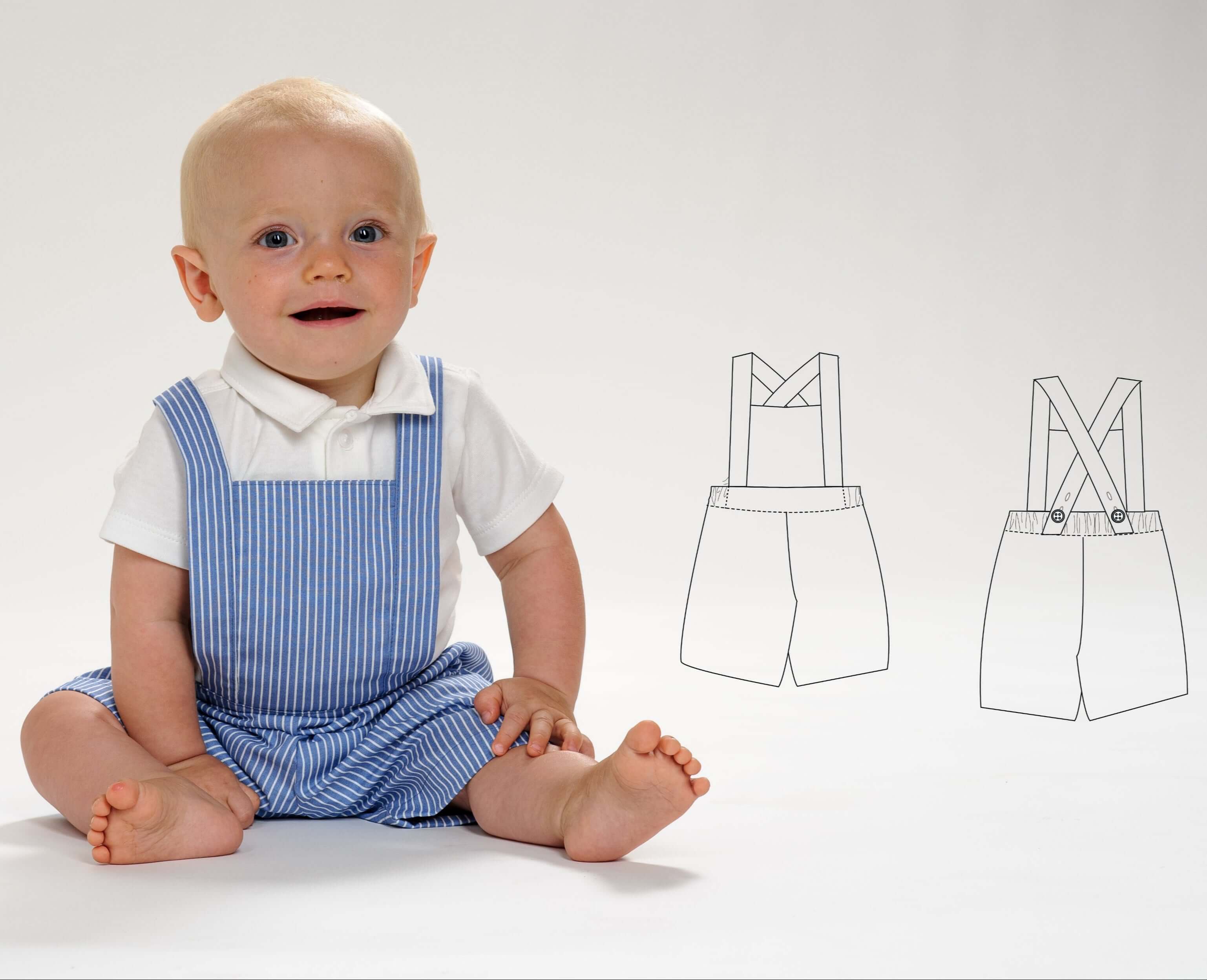 Schnittmuster Latzhose MAX PDF - Baby in blauer Latzhose mit Schnittmusterzeichnungen im Hintergrund.