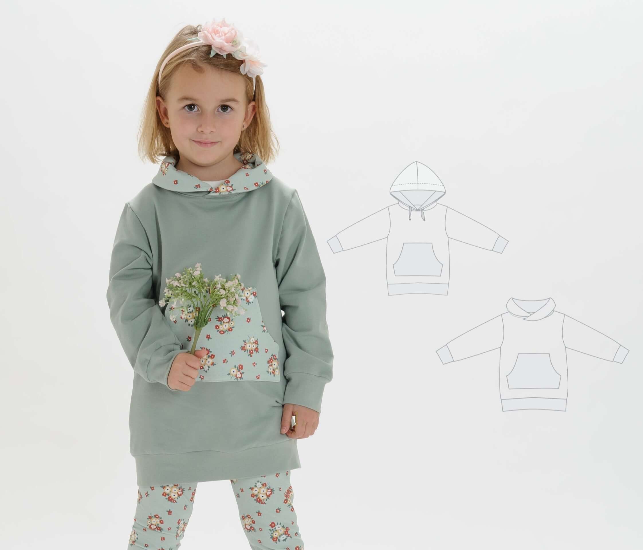 Schnittmuster Tunika: Mädchen trägt Hoodie ARWEN mit Kapuze und Blumenmuster, kombiniert mit Leggings.