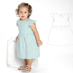 Schnittmuster Mädchenkleid ELLA – Retro Kleid mit Volants, abgebildet durch ein kleines Mädchen in einem blauen Kleid mit Rüschen.