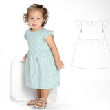 Schnittmuster Mädchenkleid ELLA – Retro Kleid mit Volants, abgebildet durch ein kleines Mädchen in einem blauen Kleid mit Rüschen.