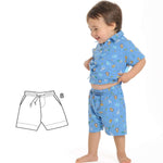 Schnittmuster Hose für Baby und Kinder NOAH - Abgebildetes Kind trägt bunte Shorts und Hemd, Schnittmuster B.