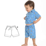 Schnittmuster Hose für Baby und Kinder NOAH - Abgebildetes Kind trägt bunte Shorts und Hemd, Schnittmuster B.