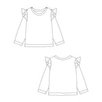 Schnittmuster Baby Sweatshirt SOPHIE PDF 2-in-1, Vorder- und Rückansicht mit Rüschendetails.