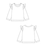 Schnittmuster Baby Sweatshirt SOPHIE PDF 2-in-1, Vorder- und Rückansicht mit Rüschendetails.