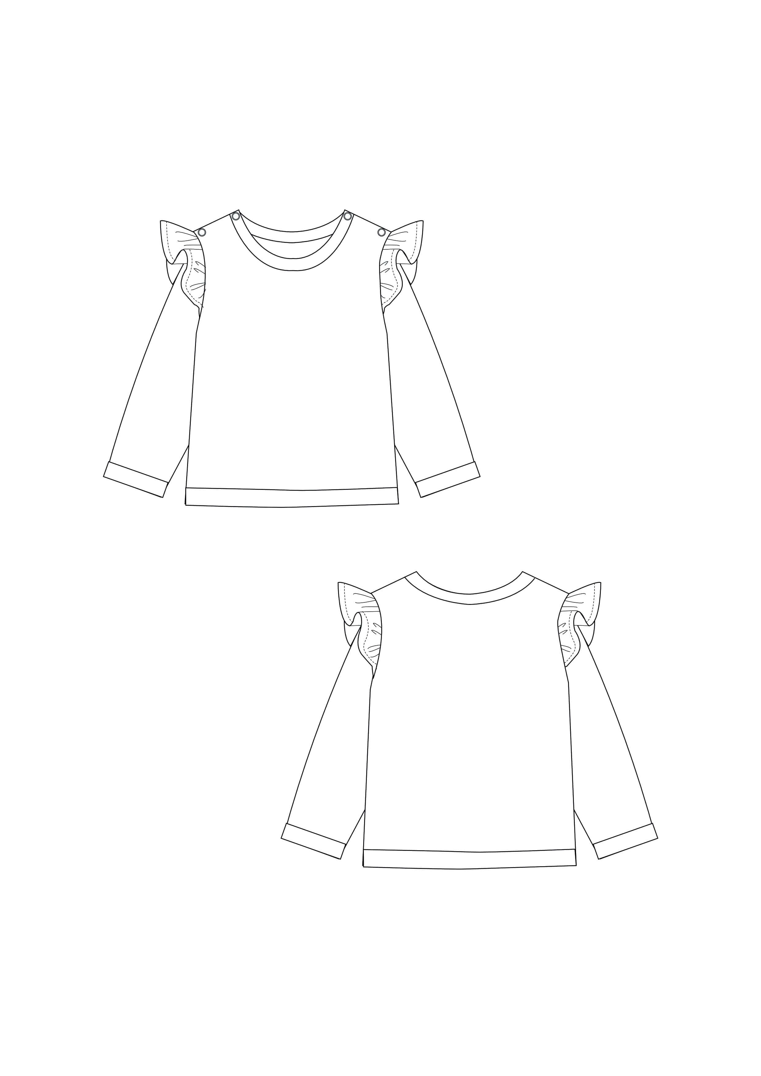 Schnittmuster Baby Sweatshirt SOPHIE PDF 2-in-1, Vorder- und Rückansicht mit Rüschendetails.