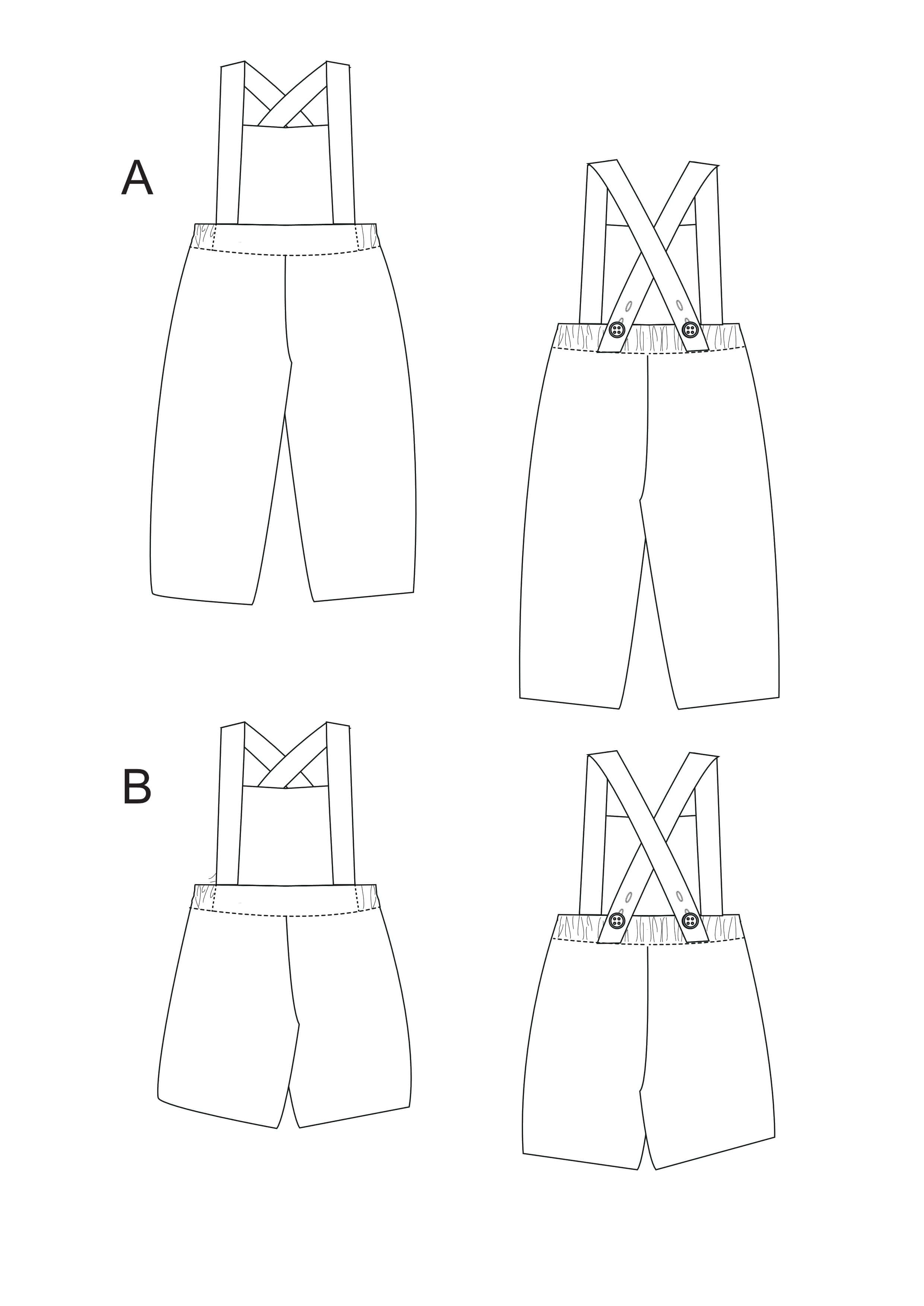 Schnittmuster Latzhose MAX PDF mit Variationen für kurze und lange Beine, geeignet für Babys und Kinder.