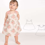 Schnittmuster Baby Twinset Babykleid Hängerchen und Pumphose, Modell A mit buntem Blumenmuster für Babys.