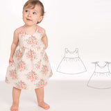 Schnittmuster Baby Twinset Babykleid Hängerchen und Pumphose, Modell A mit buntem Blumenmuster für Babys.