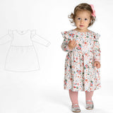 Schnittmuster Retro Kleid für Mädchen ELLA mit langen Ärmeln, fröhliches Design für kleine Mädchen.