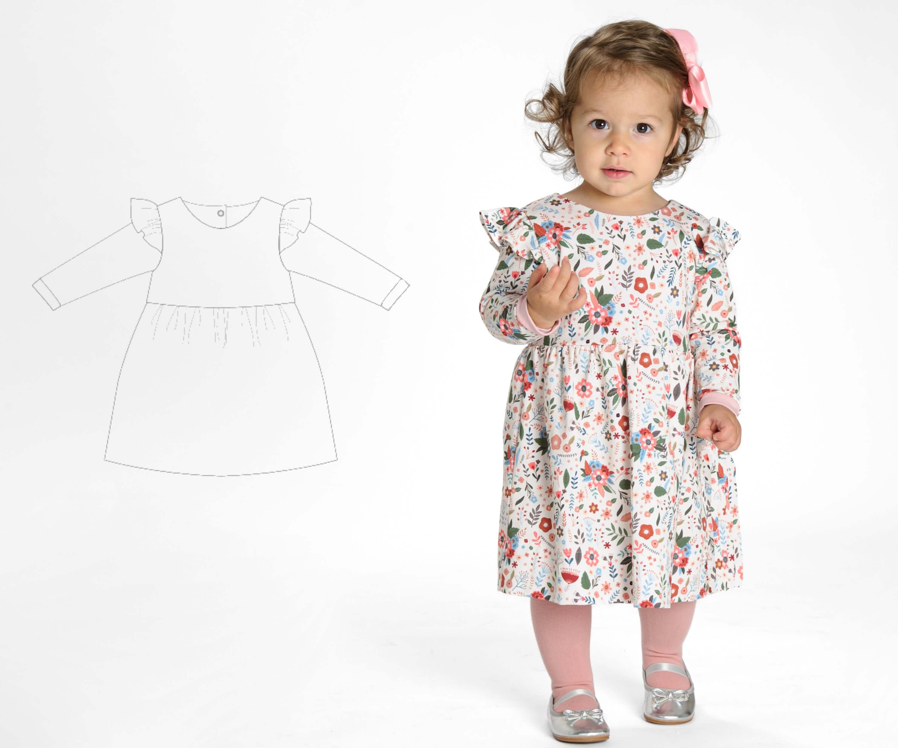 Schnittmuster Retro Kleid für Mädchen ELLA mit langen Ärmeln, fröhliches Design für kleine Mädchen.