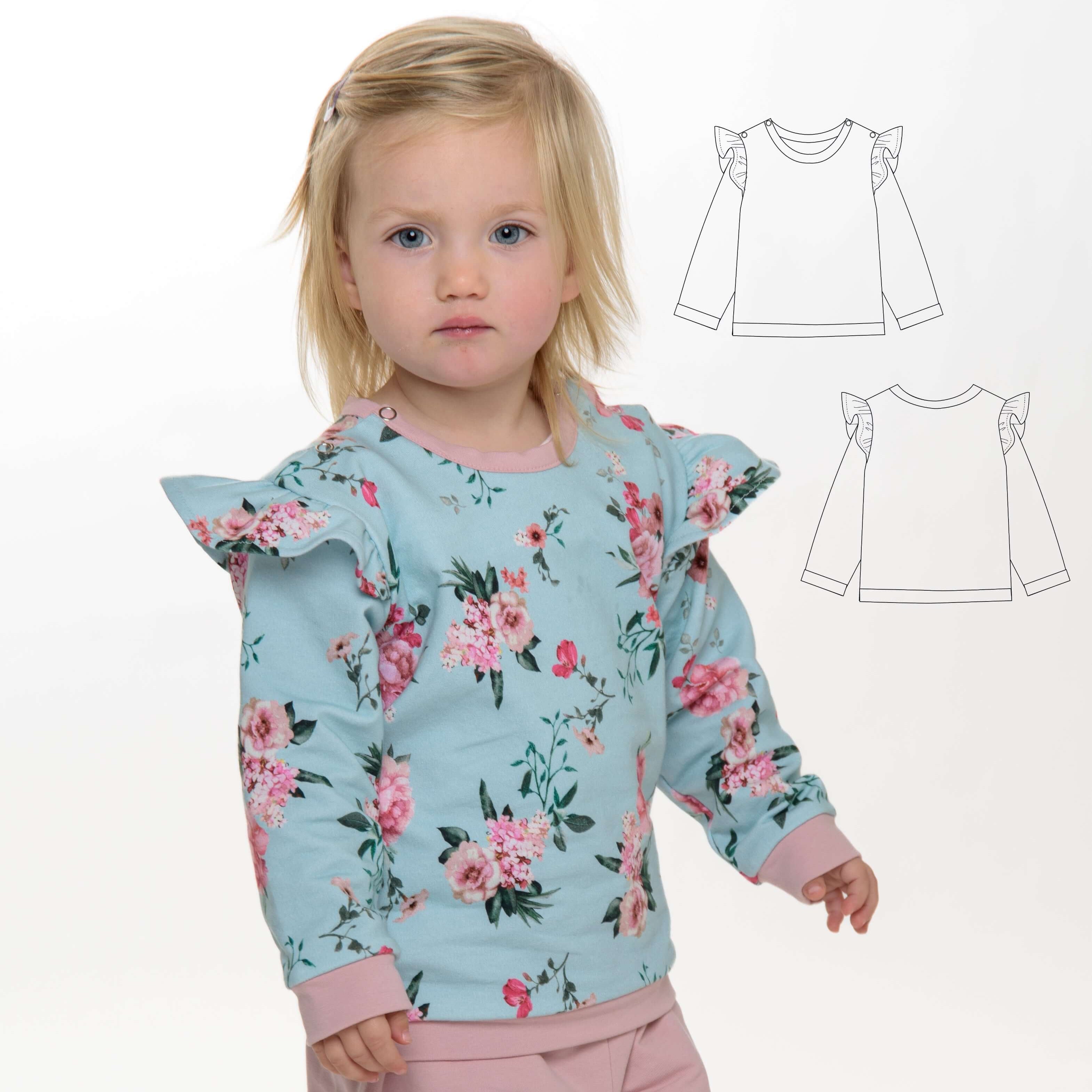 Schnittmuster Baby Sweatshirt für Mädchen mit Rüschen in floralem Design, Teil des SOPHIE PDF Schnittmusters.