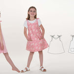 Schnittmuster Schürzenkleid JULE PDF 3-in-1, Mädchen im rosa Schürzenkleid mit Taschen, digitale Nähanleitung.