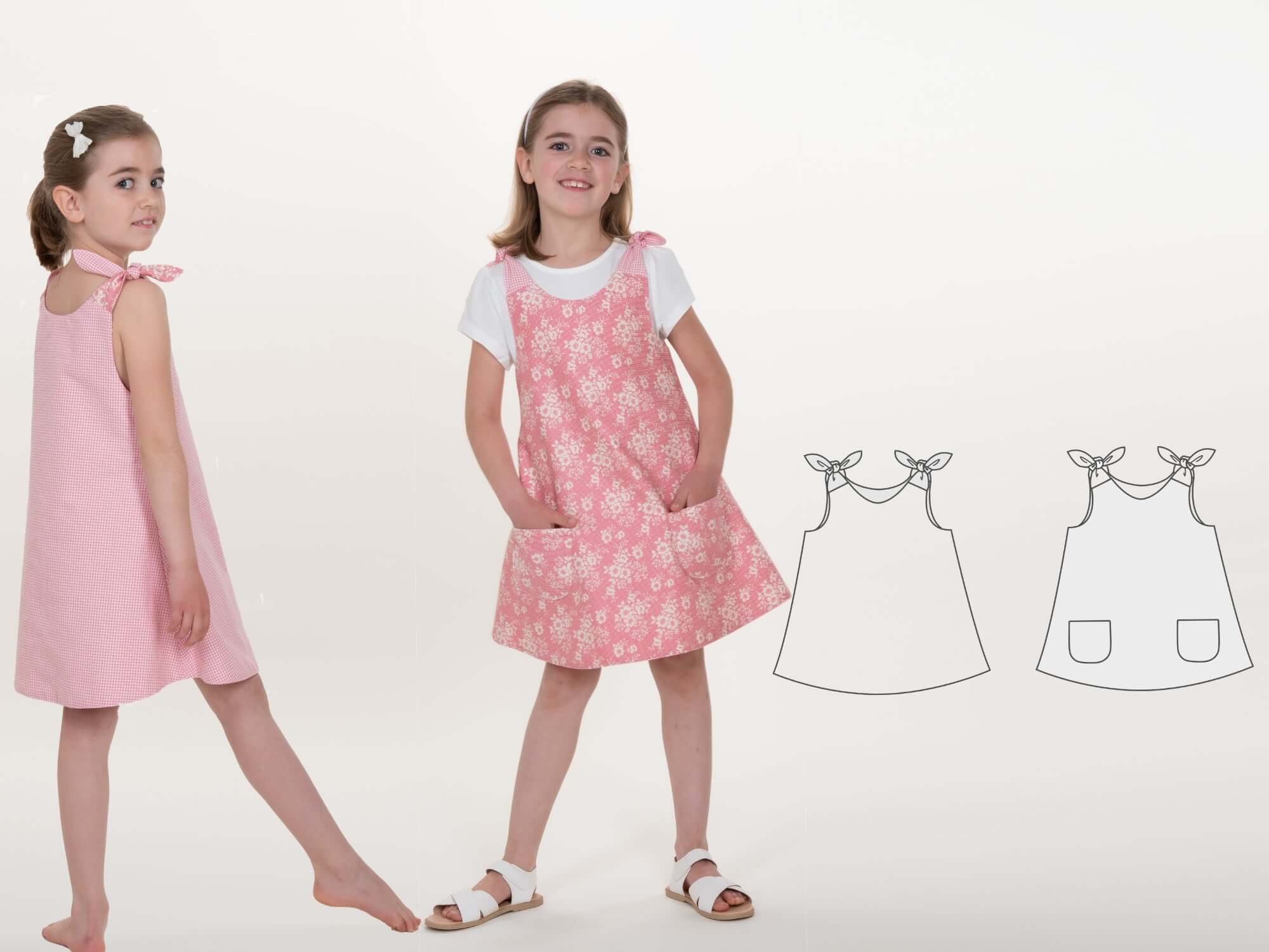 Schnittmuster Schürzenkleid JULE PDF 3-in-1, Mädchen im rosa Schürzenkleid mit Taschen, digitale Nähanleitung.