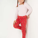 Schnittmuster Baby Kinder Leggings in rot mit Blumenmuster, geschnitten für Kinder im Alter von 80-146.