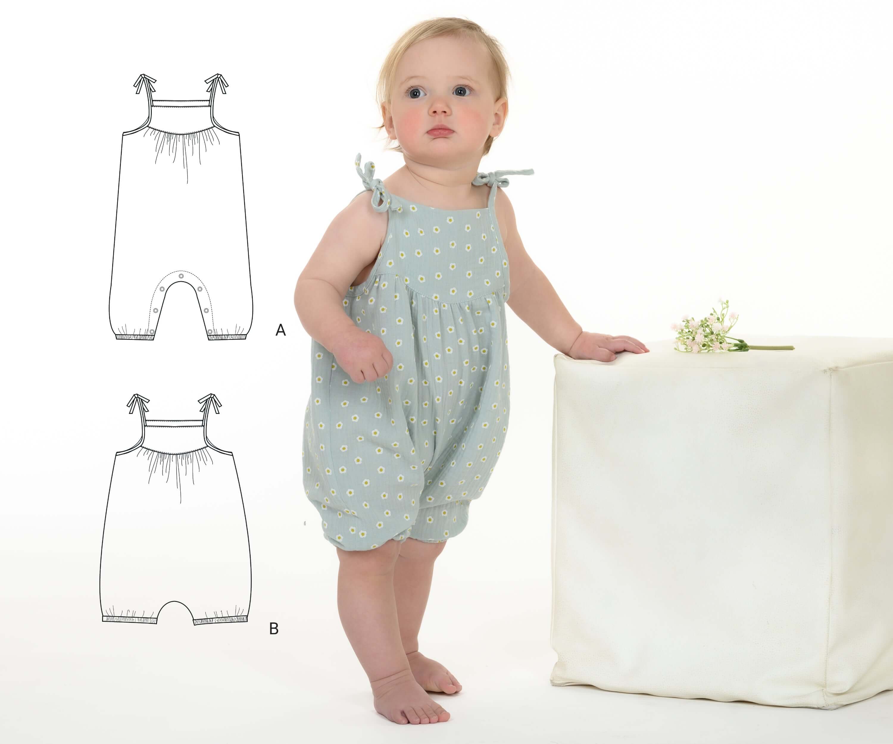 Schnittmuster Baby Overall Jumpsuit NELE – Kleinkind Sommer-Overall, zeigt zwei Varianten für Mini-Overall.