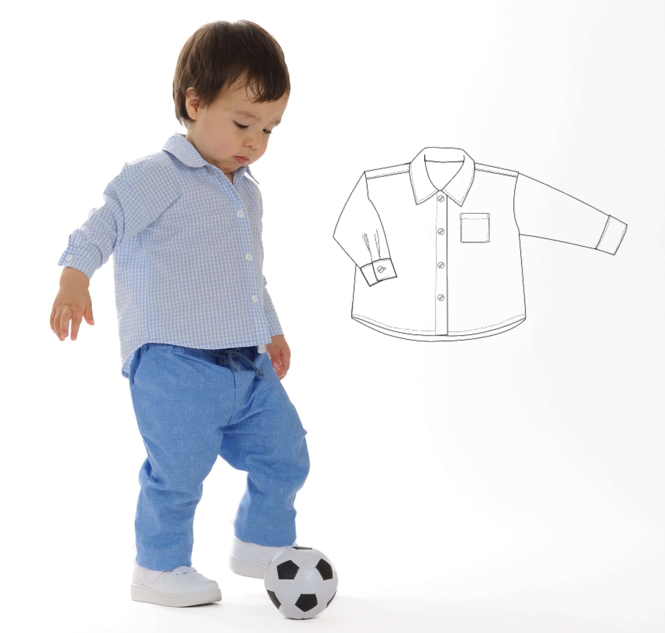 Schnittmuster Hemd für Baby und Kinder, Jungenhemd, Langarm, mit Zeichnung des Schnittmusters.