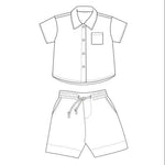 Schnittmuster Baby Hemd & Hose TOM + NOAH PDF Jungen Outfit für Gr. 68–122, skizzierte Mode für Jungen.