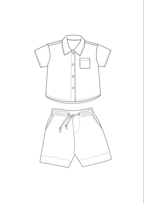 Schnittmuster Baby Hemd & Hose TOM + NOAH PDF Jungen Outfit für Gr. 68–122, skizzierte Mode für Jungen.