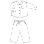 Schnittmuster Baby Hemd & Hose TOM + NOAH PDF Jungen Outfit Gr. 68–122 mit Hemd und Hose in Skizze.