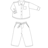 Schnittmuster Baby Hemd & Hose TOM + NOAH PDF Jungen Outfit Gr. 68–122 mit Hemd und Hose in Skizze.