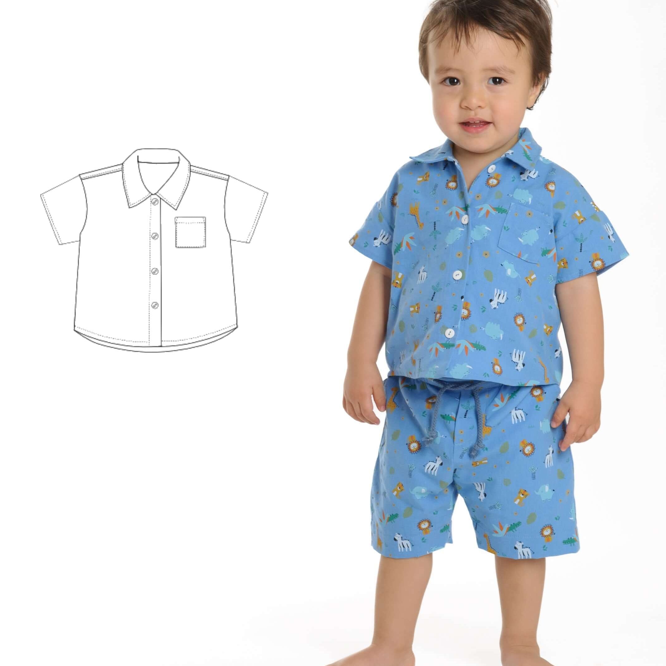Schnittmuster Hemd für Baby und Kinder TOM Jungen Langarm und Kurzarm, Junge in blauer Kurzarmbluse und Shorts