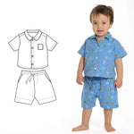 Schnittmuster Baby Hemd & Hose TOM + NOAH PDF Jungen Outfit Gr. 68–122, Junge trägt blauen Outfit