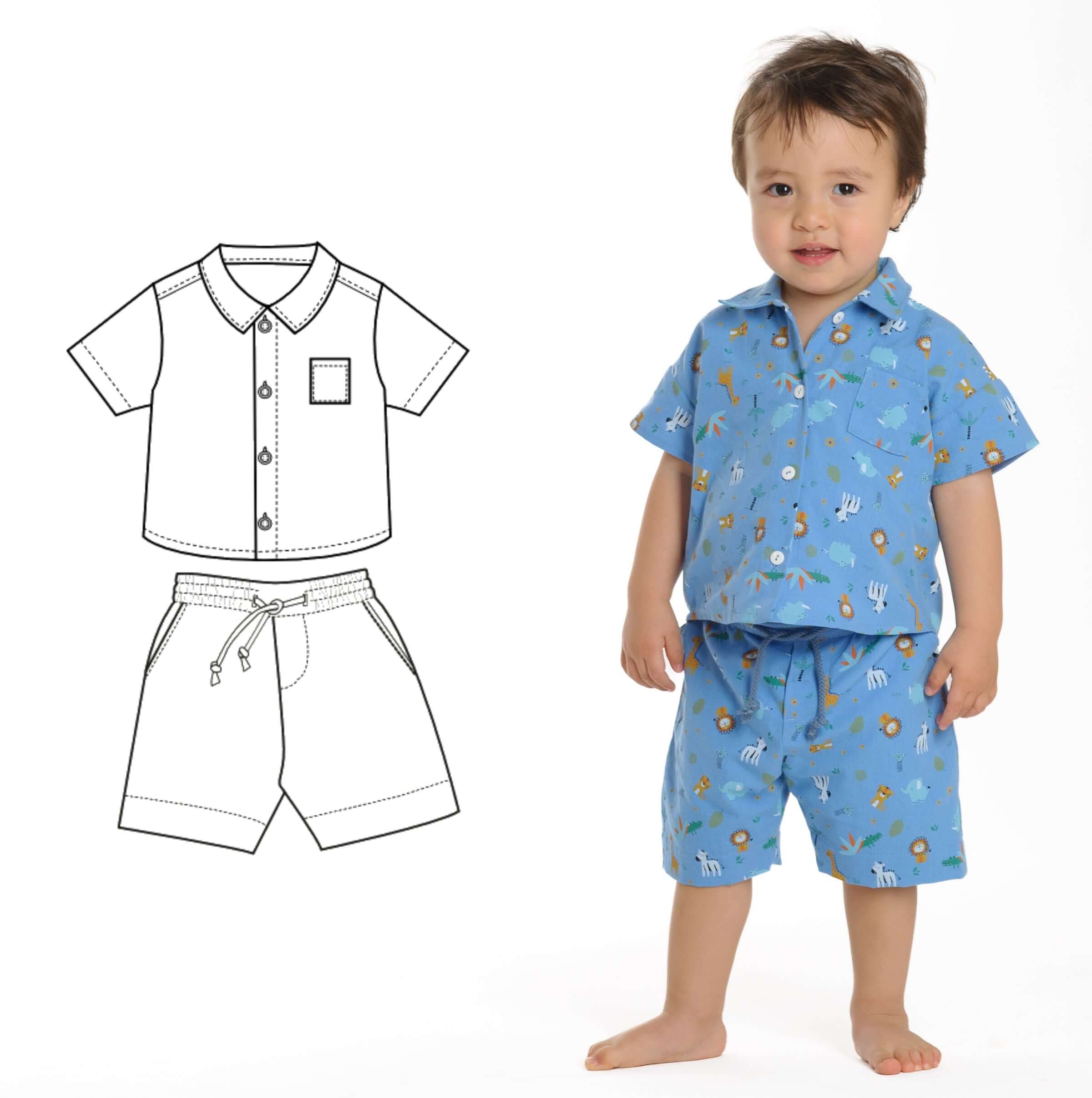 Schnittmuster Baby Hemd & Hose TOM + NOAH PDF Jungen Outfit Gr. 68–122, Junge trägt blauen Outfit
