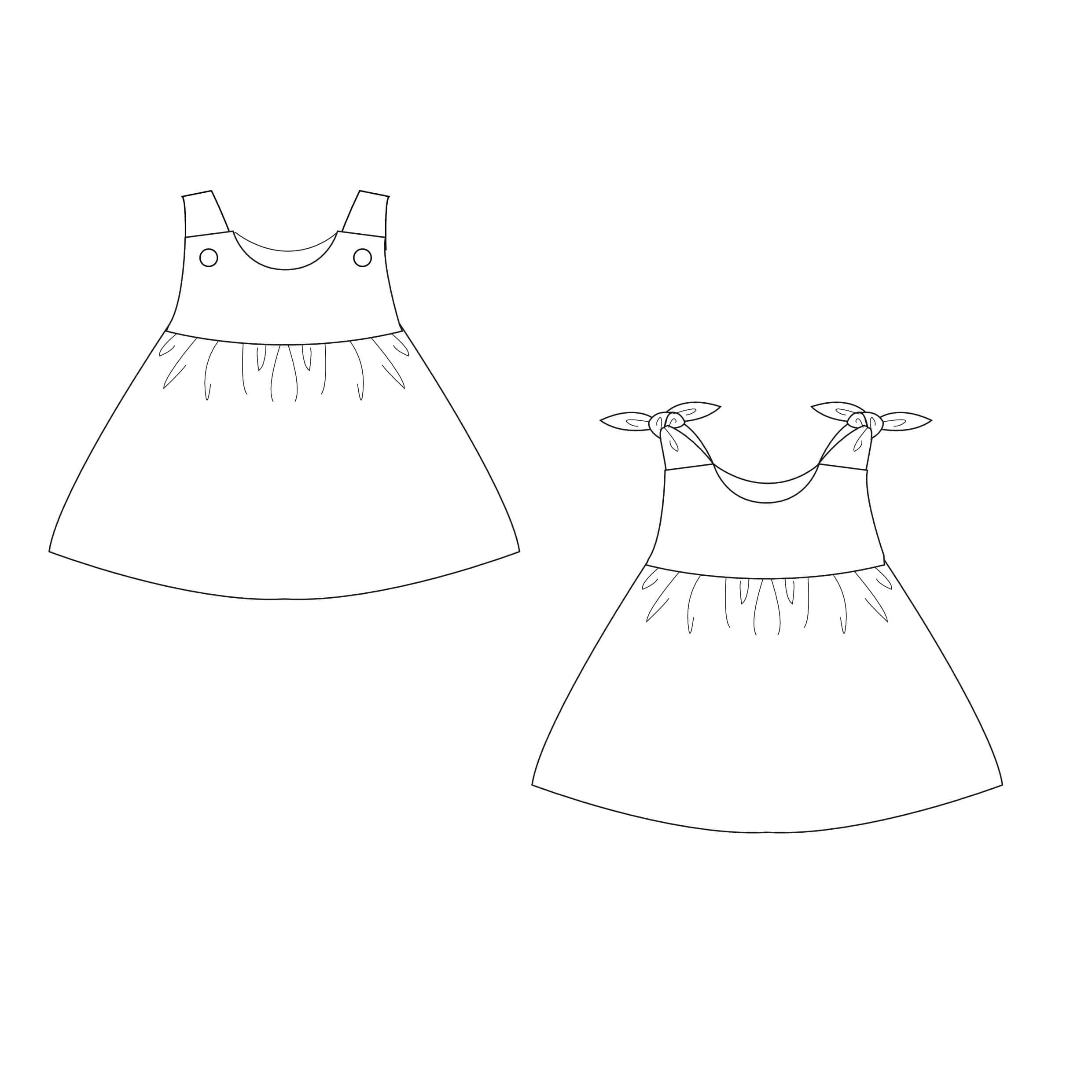 Schnittmuster Baby Twinset Babykleid Hängerchen und Pumphose - zweifaches Design des Babykleids mit Schleifen.