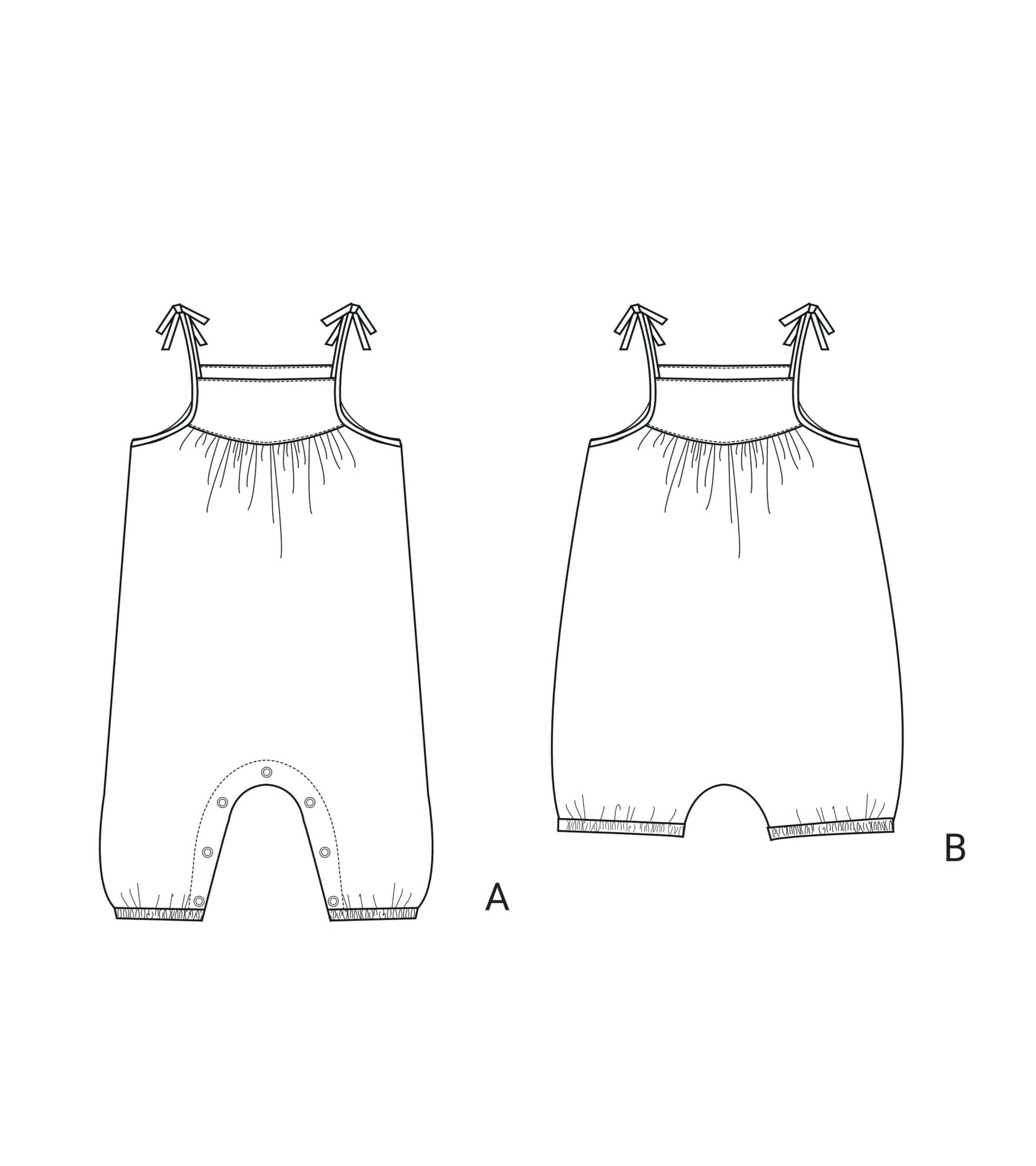Schnittmuster Baby Overall Jumpsuit NELE – zwei Varianten: Langoverall mit Druckknöpfen und Kurzoverall für Kleinkinder.