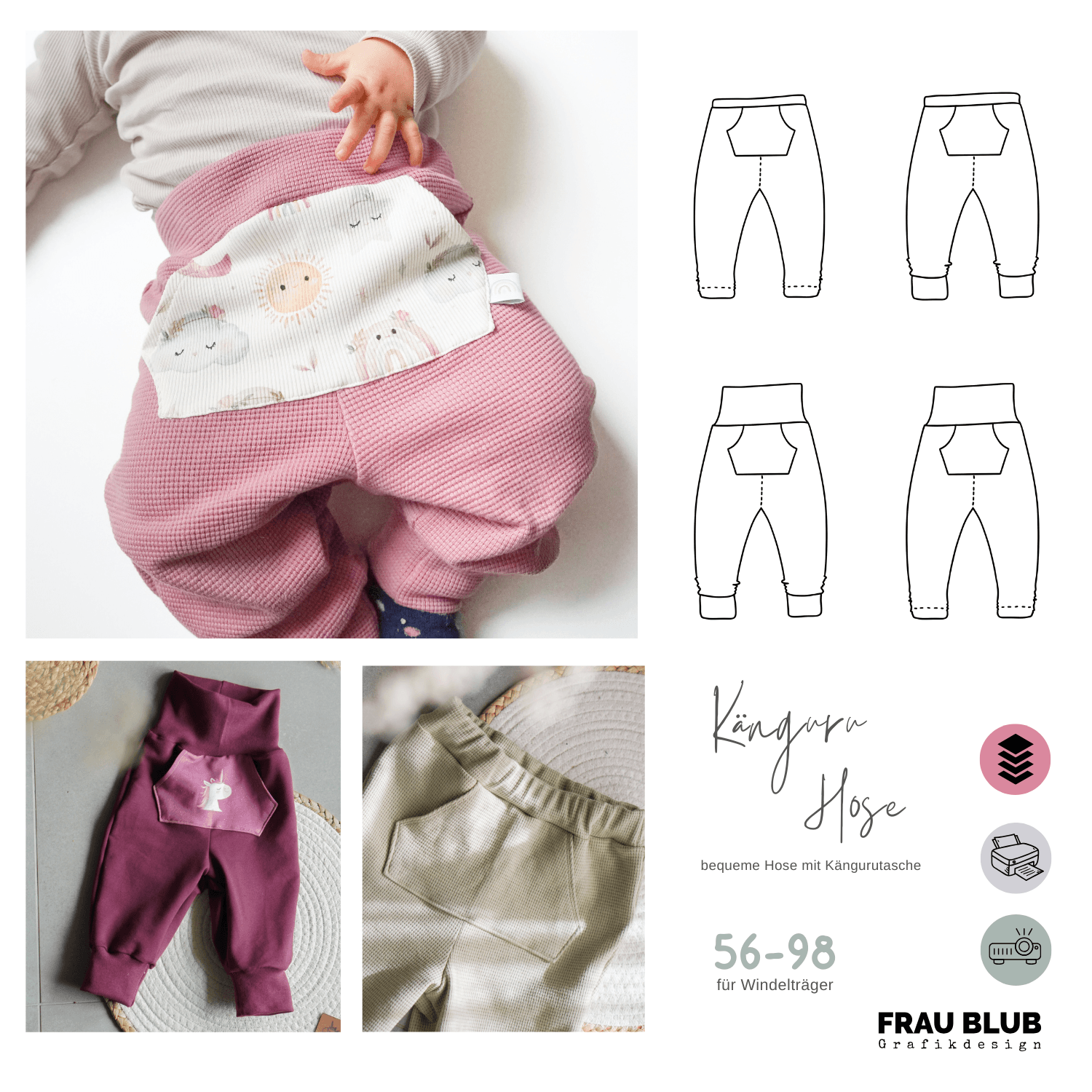 Känguru Hose Baby & Kids 56-98 (Windel) inkl. BEAMERDATEI Schnittmuster - Sewando