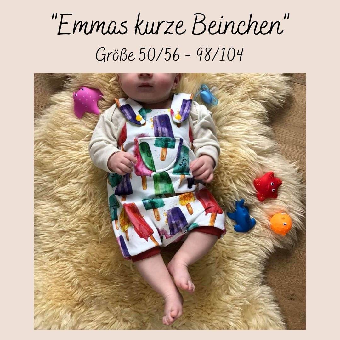 Schnittmuster Emmas kurze Beinchen Latzhose Größe 50/56 – 98/104 - Sewando