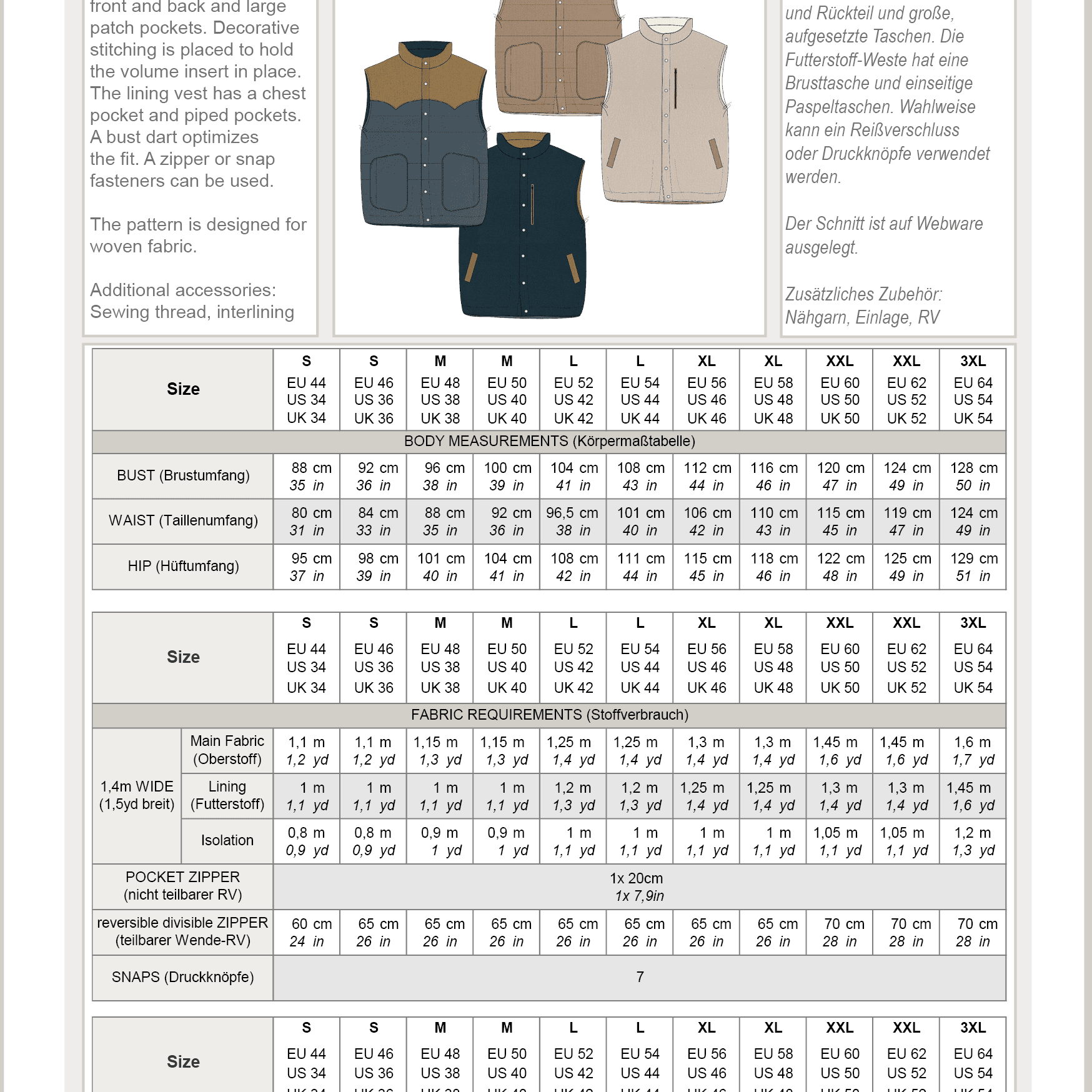 VENDLA.wendeweste | Herren | 44-64 | Schnitt : - Sewando