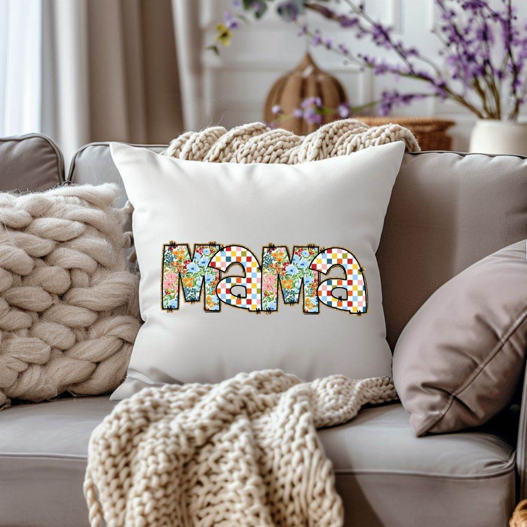 Bügelbild Mama – Blumen & Retro-Karomuster PNG für Muttertag - Sewando
