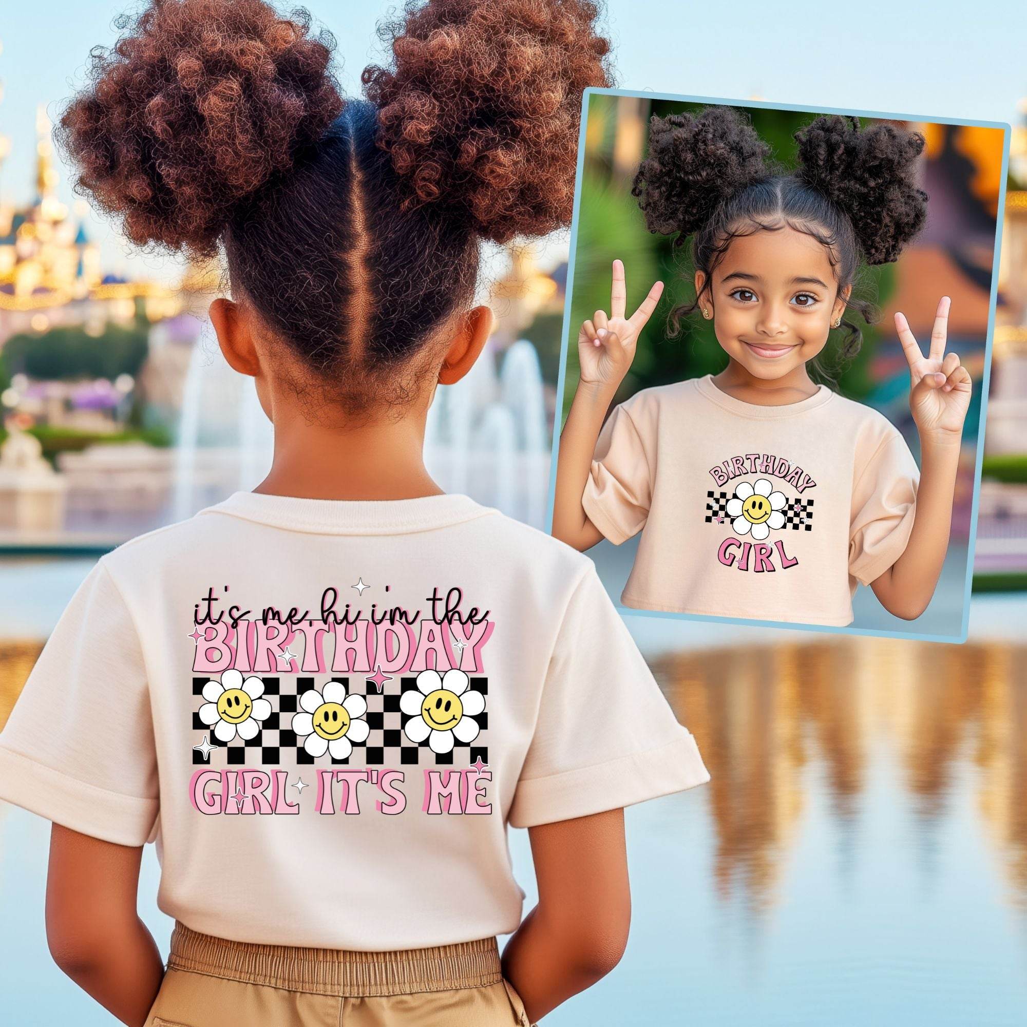 Birthday Girl – Bügelbild mit Smiley-Blumen & Spruch „It’s me, hi, I’m the Birthday Girl“ - Sewando